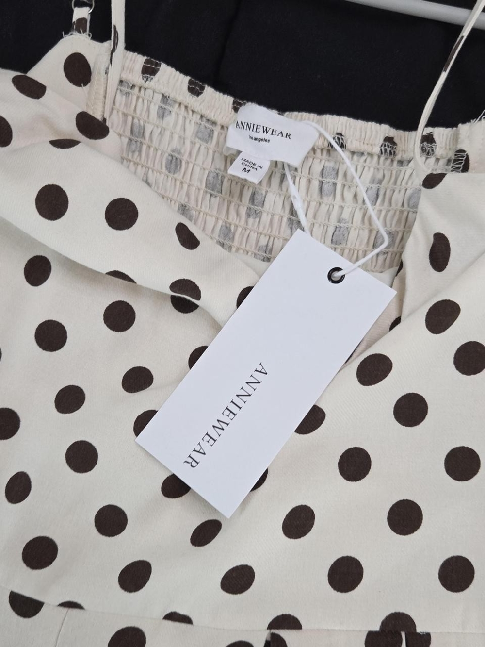Anniewear Polka Dot Wide-Leg Jumpsuit in White with Brown Dots - Picture 2 of 5